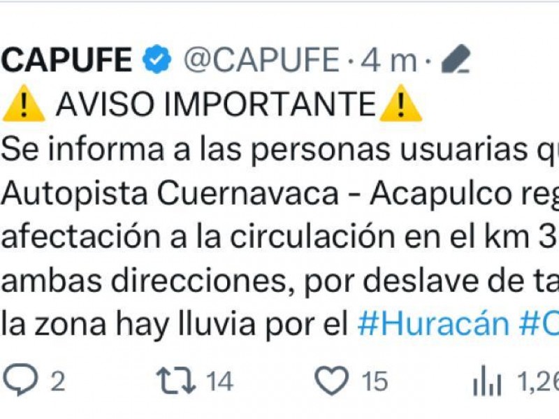 Deslave en la autopista Cuernavaca-Acapulco