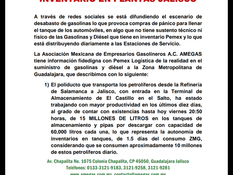 Desmiente AMEGAS desabasto de gasolina en Jalisco