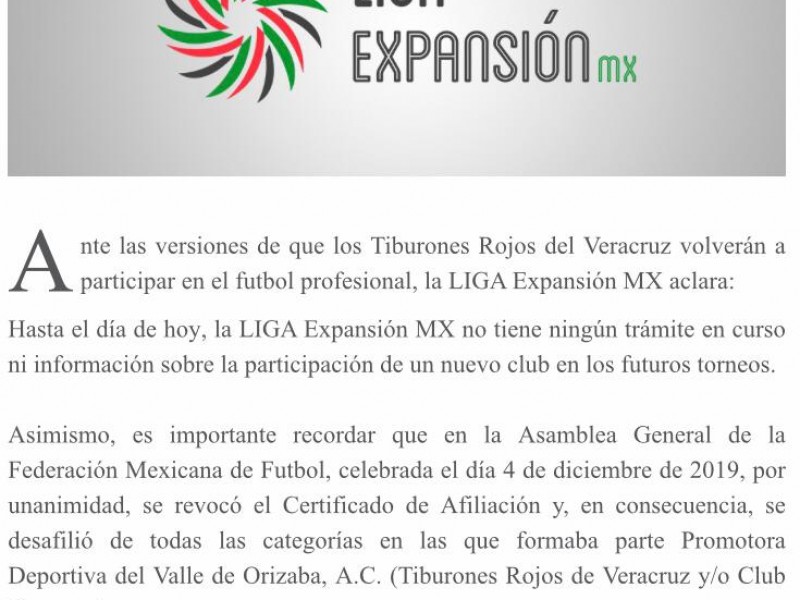 Desmiente Liga Expansión MX regreso de los Tiburones Rojos