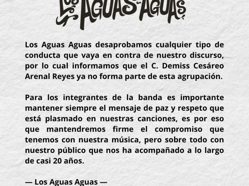 Despiden a vocalista de los Aguas Aguas