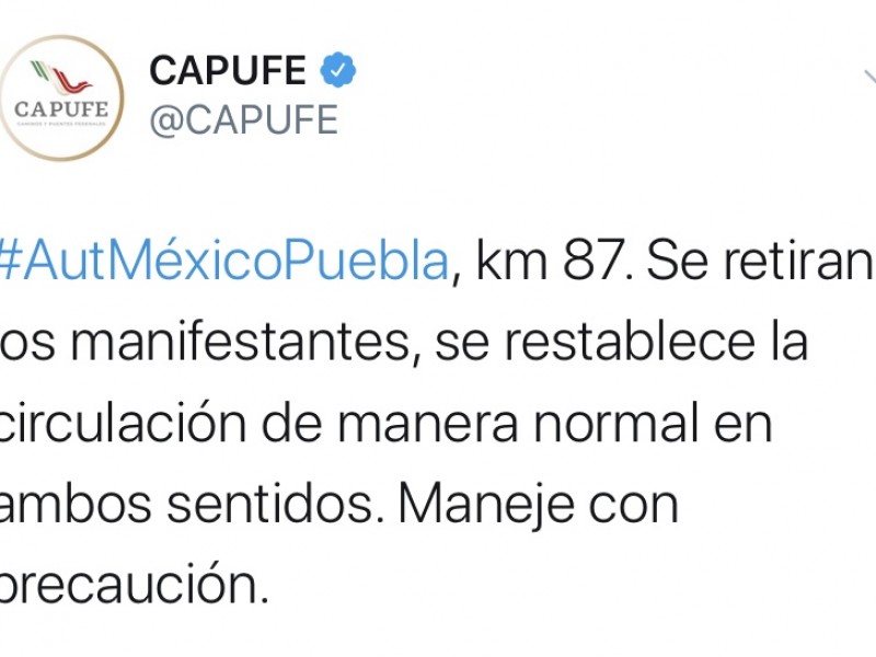 Después de 5 horas fue reabierta la Mexico-Puebla