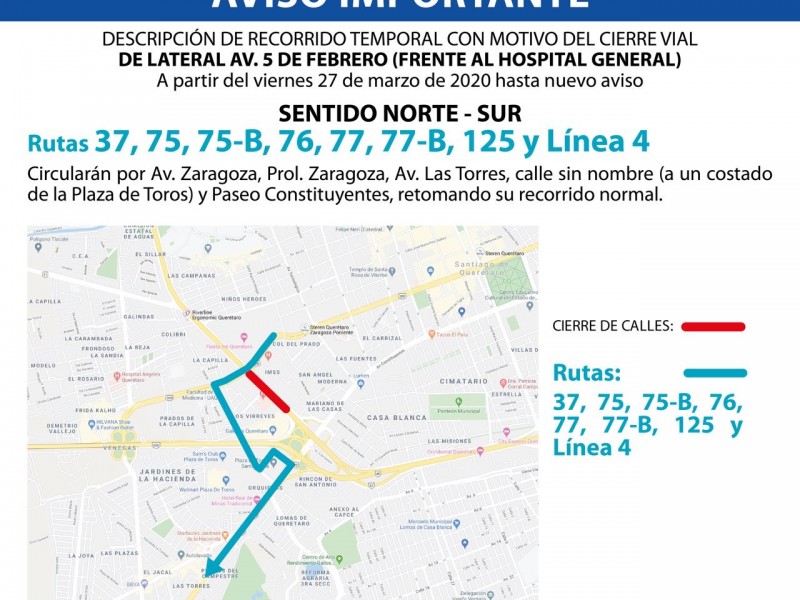 Desvío temporal de rutas de transporte en 5 de Febrero