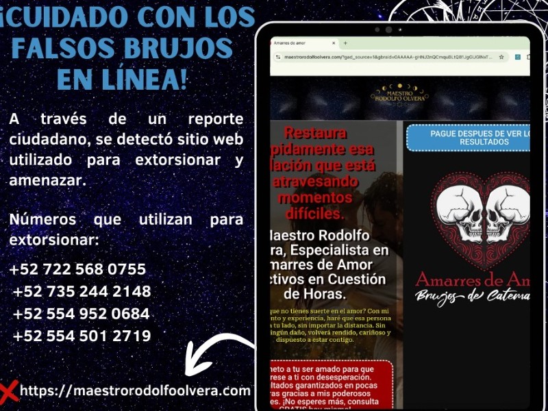 Detectan sitio web de extorsionadores con supuestos trabajos de brujería