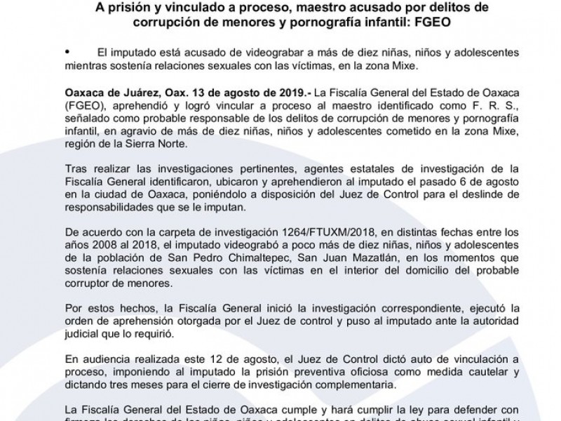 Detenido maestro violador de niños en Oaxaca