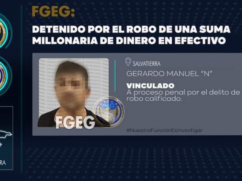 Detienen a hombre por robo millonario de efectivo