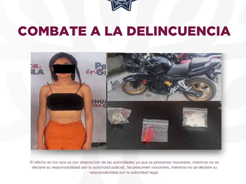 Detienen a mujer con moto robada y droga