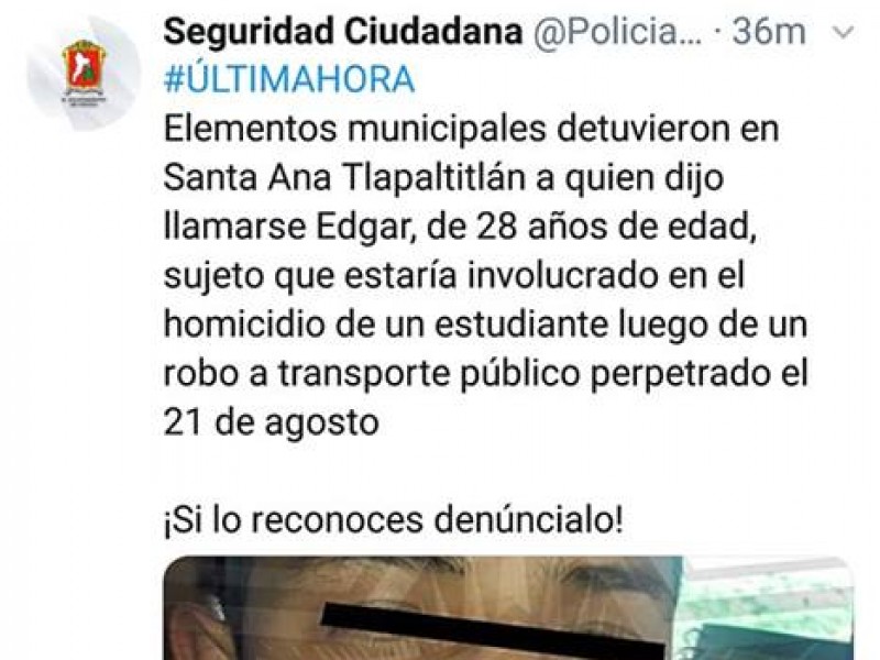 Detienen a presunto homicida de estudiante