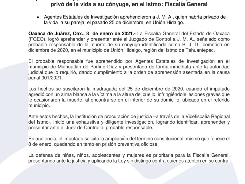 Detienen presunto responsable de feminicidio de Unión Hidalgo