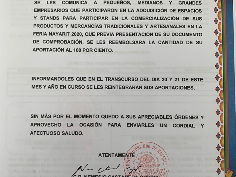 Devolverán el 100% de inversión a comerciantes de la feria