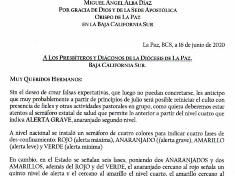 Diócesis de La Paz se prepara para regresar misas presenciales