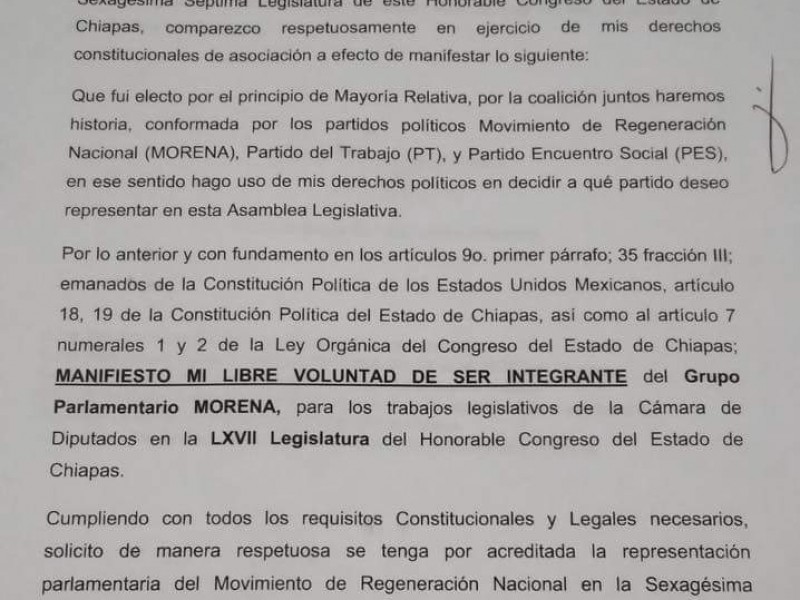 Diputado solicita cambio de partido político