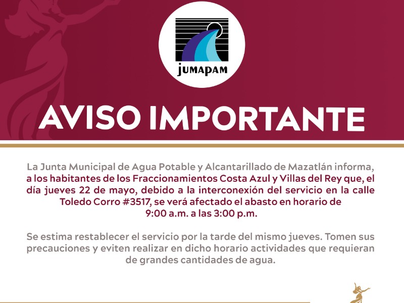 Disminuiran suministro de agua en colonias de Mazatlán