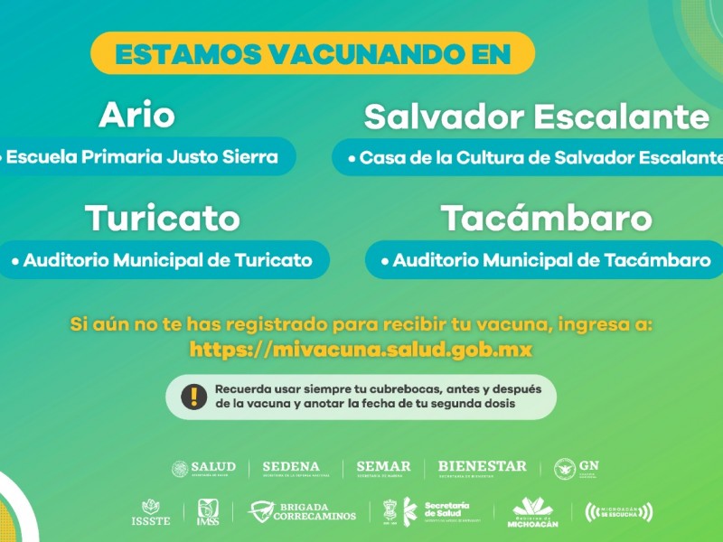 Domingo de vacunación contra COVID en cuatro municipios de Michoacán