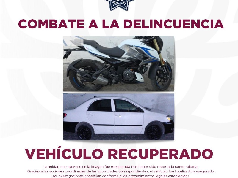 Dos vehículos fueron recuperados tras operativos en colonias