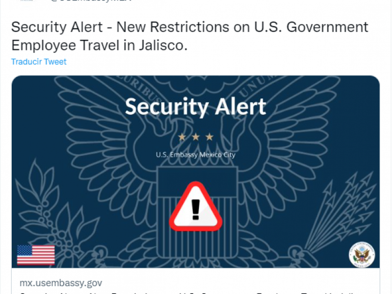 EEUU emite segunda alerta de viaje a Jalisco.