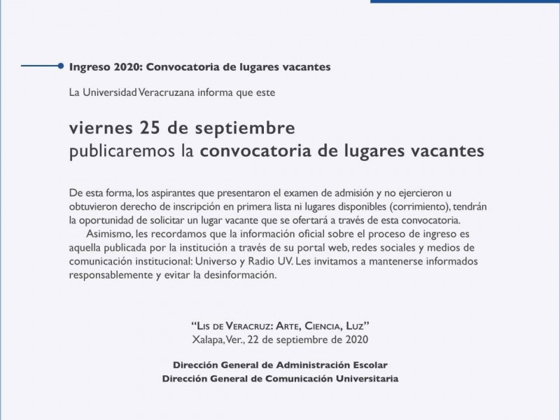 El 25 de septiembre UV publicará convocatoria de lugares disponibles