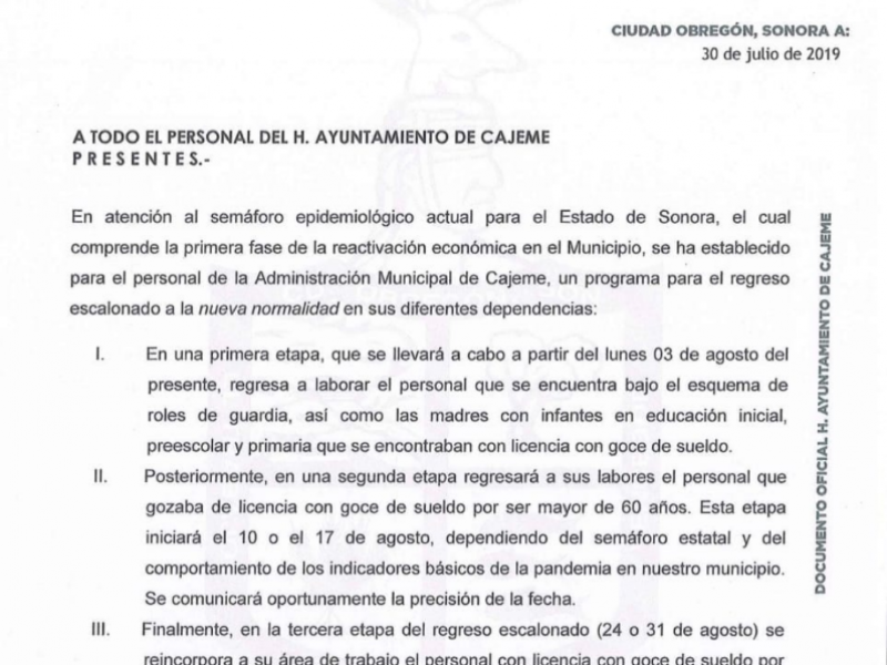 El lunes regresan a trabajar en el Ayuntamiento de Cajeme