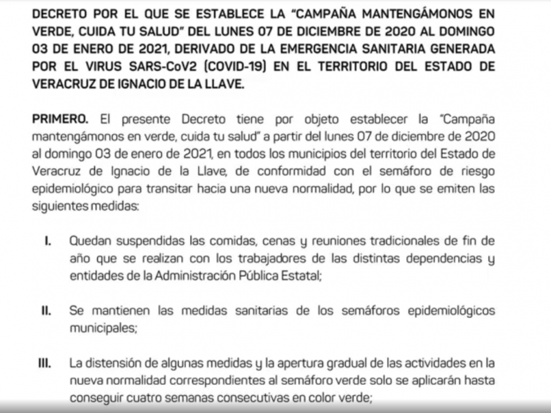 Emite gobernador de Veracruz, Decreto con nuevas medidas sanitarias