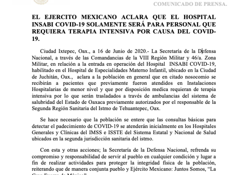 Emite la SEDENA boletín sobre la atención de pacientes Covid-19