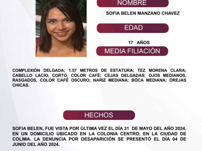 Emiten alerta Alba para localizar a Sofia Belén Manzano Chávez