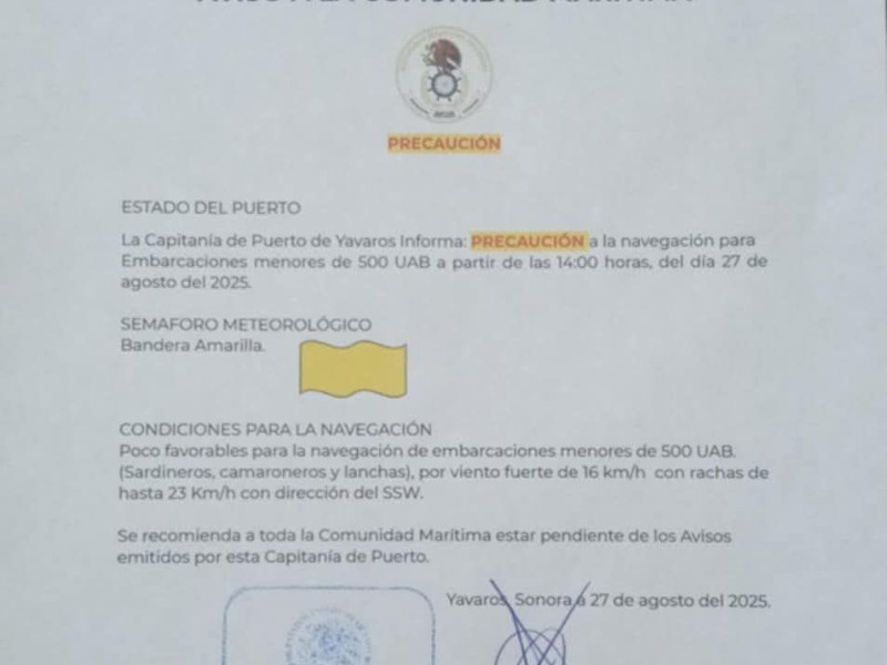 Emiten alerta bandera amarilla en el puerto de Yavaros por vientos fuertes