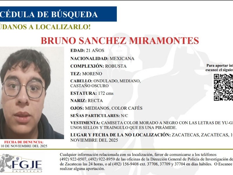 Emiten cédula de búsqueda por estudiante desaparecido en la capital zacatecana