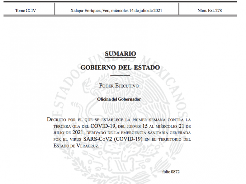 Emiten Decreto Estatal ante Tercera Ola de Covid19