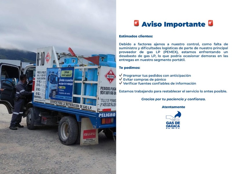 Empresas comunican desabasto de Gas Lp en zonas de Oaxaca