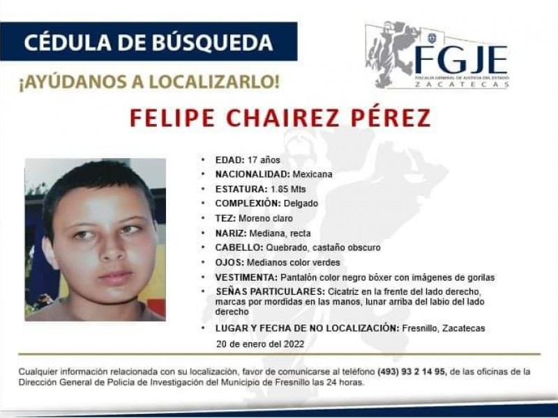 En búsqueda de Felipe Chairez, un menor fresnillense