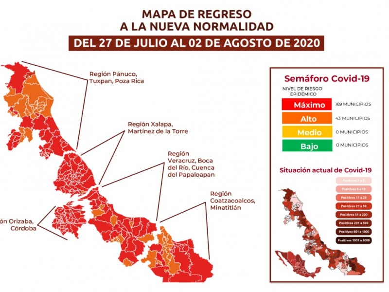 En Riesgo Maximo de contagio 169 municipios veracruzanos