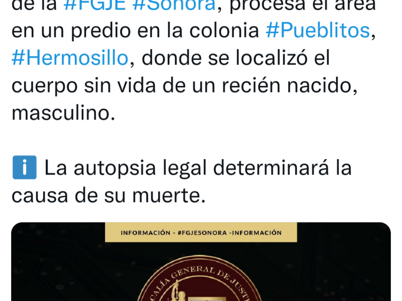 Encuentran bebé sin vida en Hermosillo