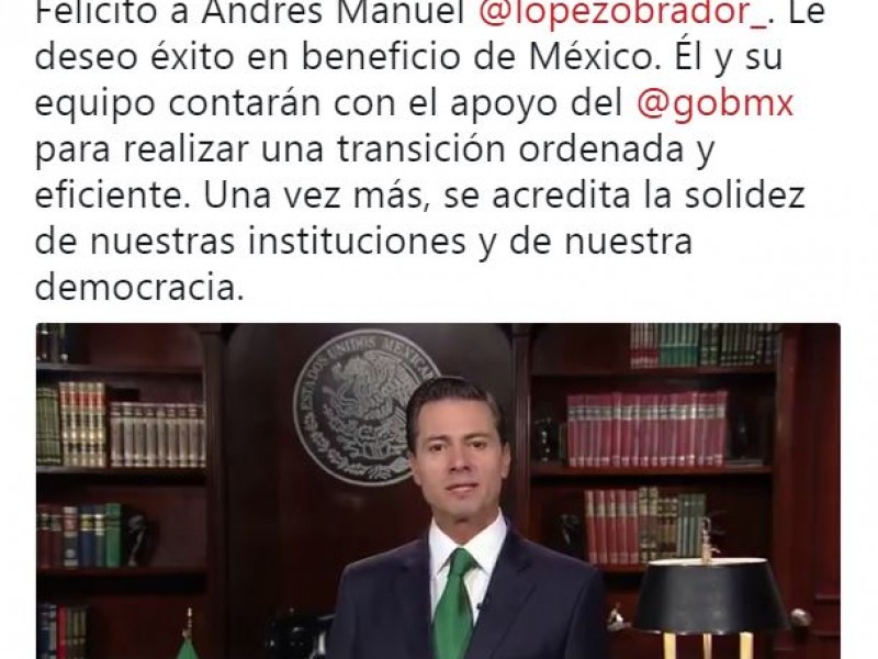 EPN felicita a AMLO y asegura transición ordenada