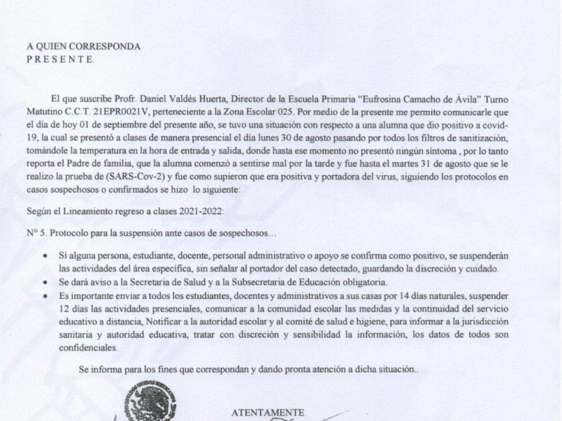 Escuela de Ajalpan suspende clases por caso positivo de Covid