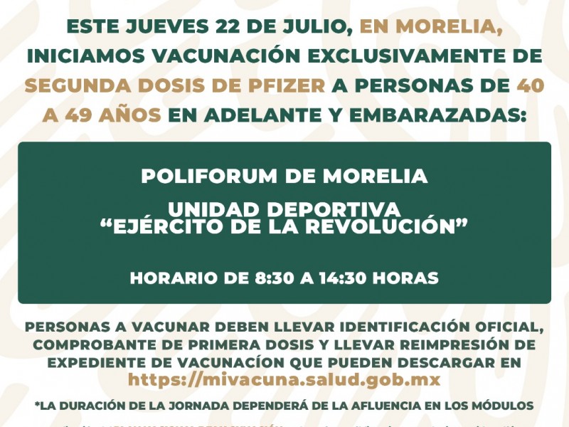 Este jueves inicia Morelia aplicación de segunda dosis anticovid