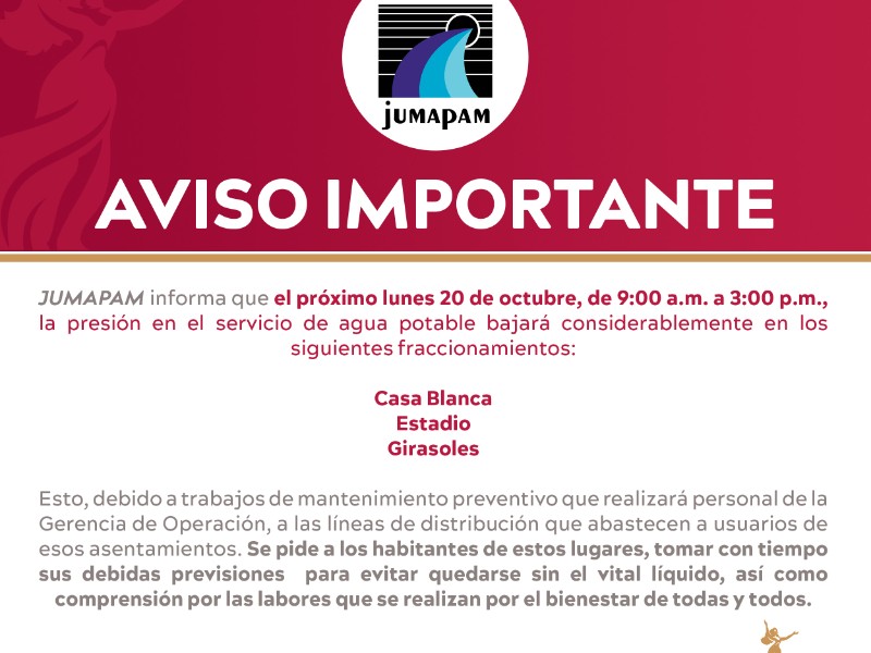 Este lunes se reducirá el suministro de agua para el sector Estadio de Mazatlán