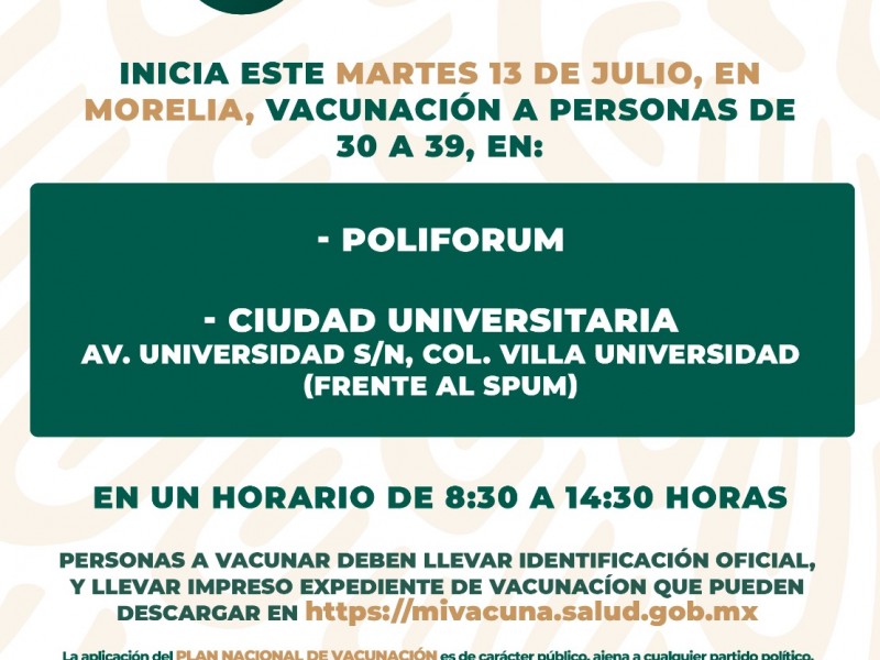 Este martes inicia vacunación de 30-39 años en Morelia