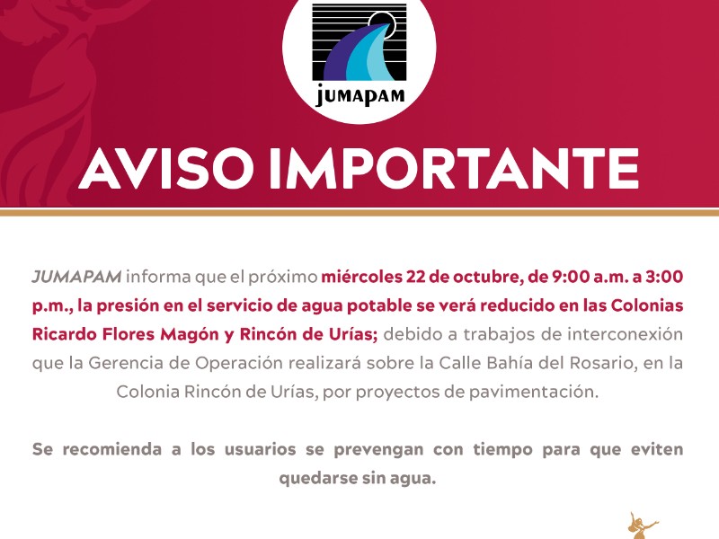 Este miércoles reducirán el agua en Rincón de Urías y Flores Magón