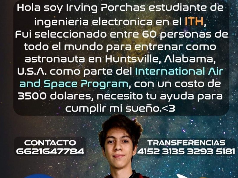 Estudiante de ITH busca apoyo para ir a la nasa