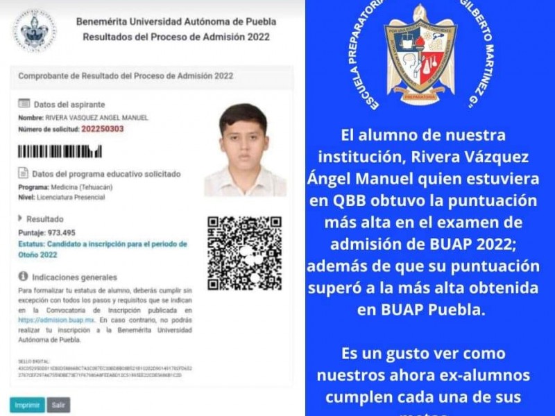 Estudiante logra puntaje más alto de examen de la BUAP