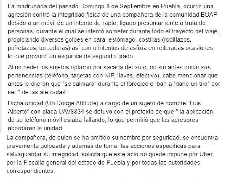 Estudiante poblana denuncia intento de rapto en UBER