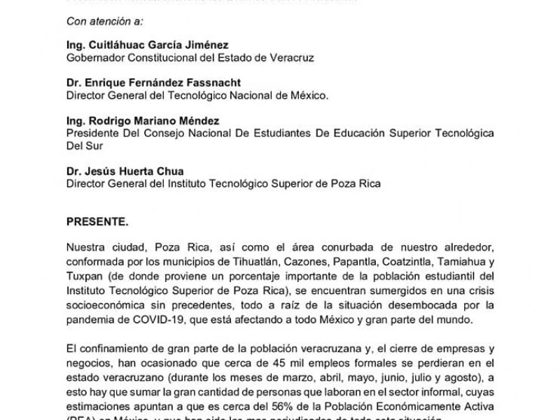 Estudiantes de Poza Rica piden descuento en inscripción