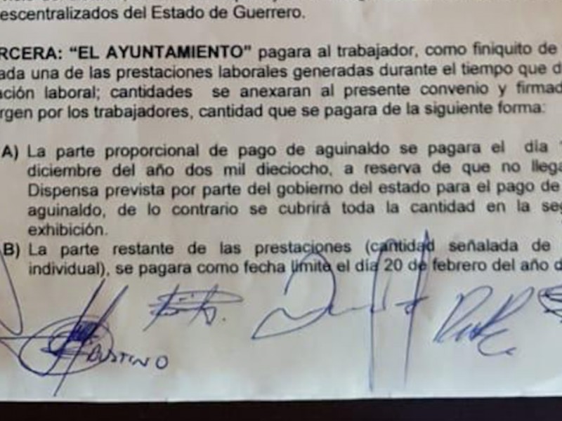 Ex empleados municipales no recibieron pago según minuta