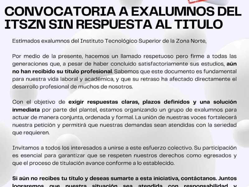 Exalumnos del ITSZN exigen entrega de títulos pendientes