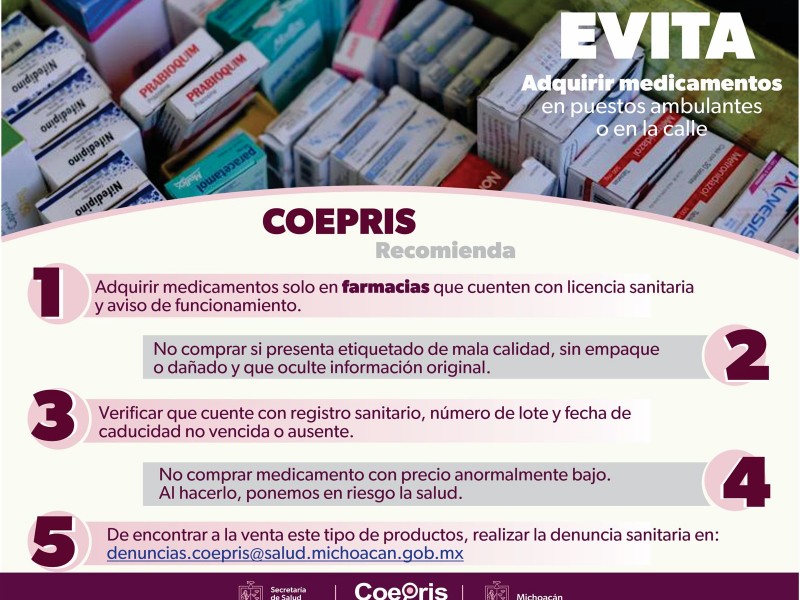 Exhorta COEPRIS a no comprar medicamentos en vía pública