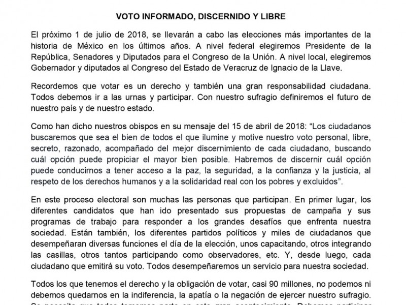 Exhorta Iglesia a emitir voto informado y libre