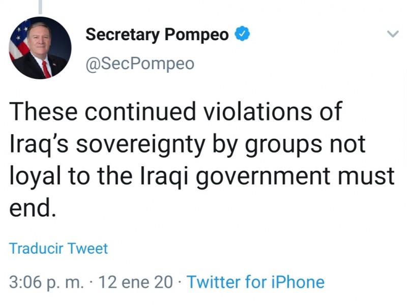 Exige Pompeo fin de violaciones a soberanía irakí
