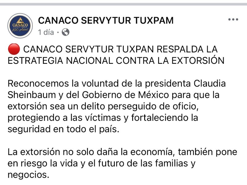Extorsión pone en riesgo economía y vidas: CANACO