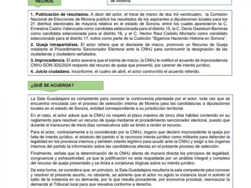 Falla denuncia de Morenistas contra candidatos a diputación de Sonora