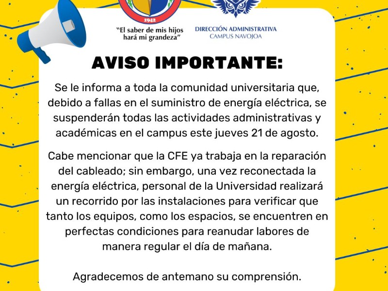Falla eléctrica deja sin clases a estudiantes de Unison Navojoa
