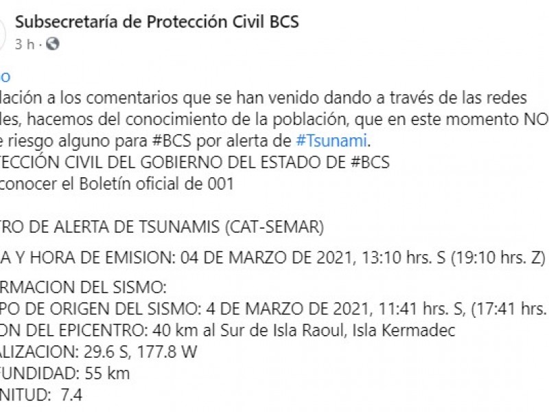 Falso que exista alerta de tsunami para BCS: Protección Civil